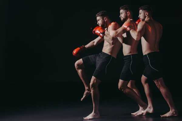 Secuencia Tiro Boxeador Atlético Sin Camisa Guantes Boxeo Haciendo Patada — Foto de Stock