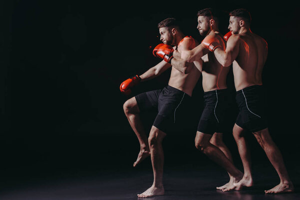 sequence shot of shirtless athletic boxer in boxing gloves doing kick