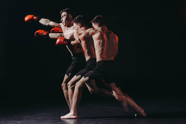 sequence shot of shirtless muscular boxer in boxing gloves doing punch 