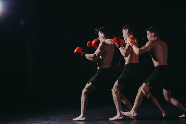 multiple exposure of strong shirtless muscular boxer doing punch