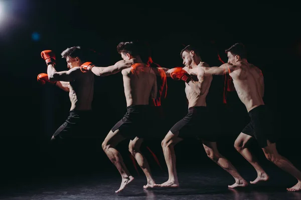 Multiple Exposure Strong Shirtless Muscular Boxer Boxing Gloves Doing Punch — Stock Photo, Image