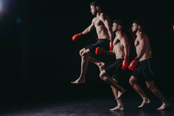 multiple exposure of strong shirtless muscular boxer in boxing gloves jumping high