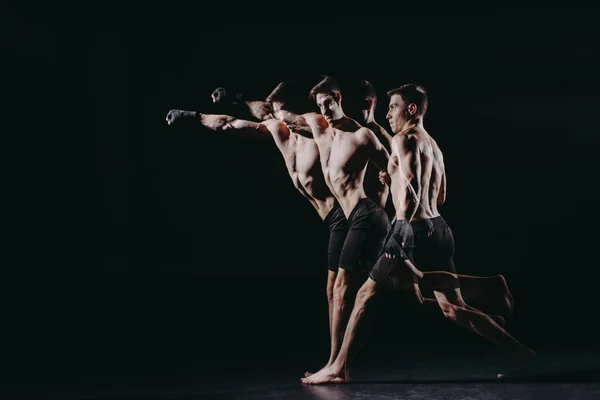 Multiple Exposure Strong Barefoot Muscular Mma Fighter Doing Punch — Stock Photo, Image