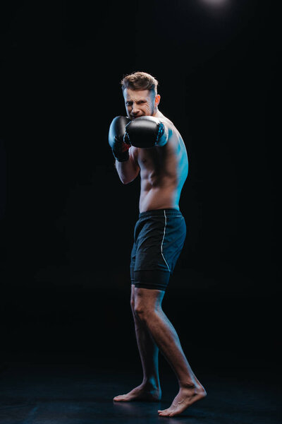 muscular shirtless strenuous boxer in boxing gloves doing punch on black