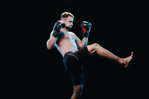 Muscular Barefoot Strenuous Boxer Boxing Gloves Shorts Doing Kick Isolated — Stock Photo, Image