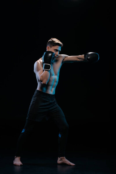 muscular strong barefoot mma fighter in boxing gloves doing punch on black