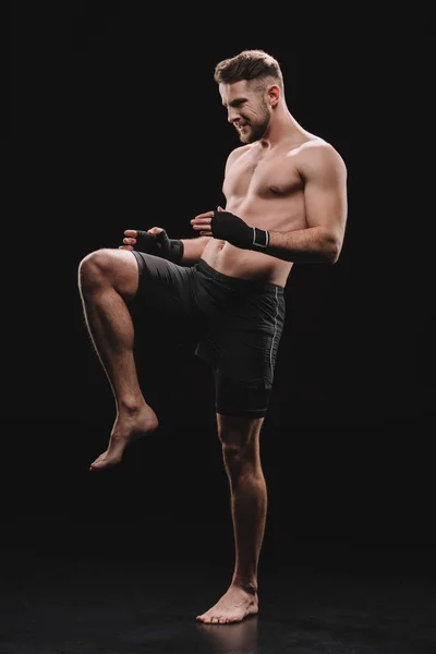 Muscular Barefoot Mma Fighter Bandages Doing Kick Knee Black — Stock Photo, Image