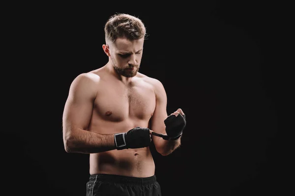 Strong Muscular Mma Fighter Fixing Bandages Isolated Black — Stock Photo, Image