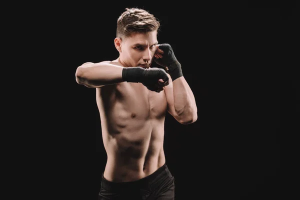 Starkt Övertygade Mma Fighter Bandage Gör Punch Isolerade Svart — Stockfoto