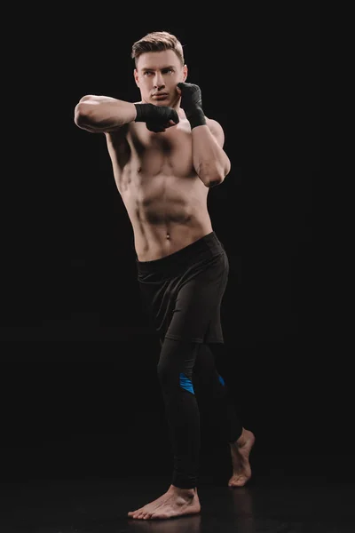 Full Length Athletic Muscular Sportsman Bandages Doing Punch Elbow Black — Stock Photo, Image