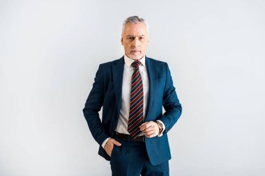 gri izole cebinde el ile takım ayakta yakışıklı olgun işadamı