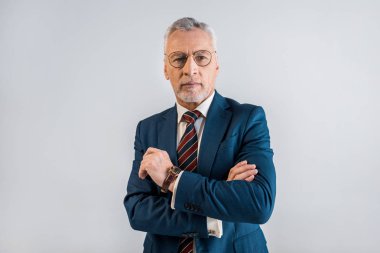 çapraz kolları üzerinde gri izole olan takım ayakta olgun iş adamı 