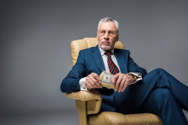 pensive mature businessman sitting in armchair and holding dollar banknotes on grey  clipart