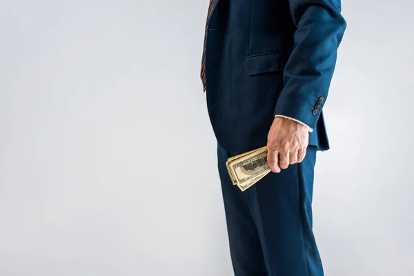 Cropped View Mature Businessman Standing Formal Wear Holding Dollar Banknotes — Stock Photo, Image