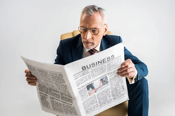 Mature Businessman Glasses Suit Reading Business Newspaper Isolated Grey — Stock Photo, Image