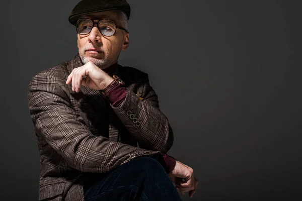 Pensive Mature Man Glasses Cap Thinking Grey — Stock Photo, Image