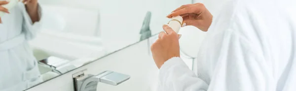 Panoramic Shot Woman Opening Tube Toothpaste Bathroom — Stock Photo, Image