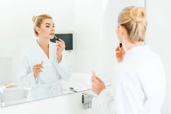 Selective Focus Woman White Bathrobe Applying Lip Gloss Bathroom — Stock Photo, Image