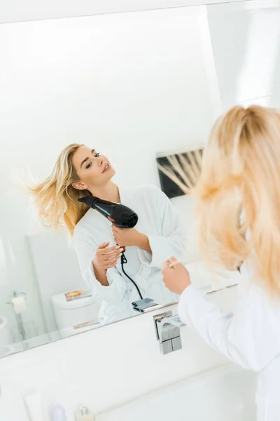 Selective Focus Beautiful Blonde Woman White Bathrobe Drying Hair Bathroom — Stock Photo, Image