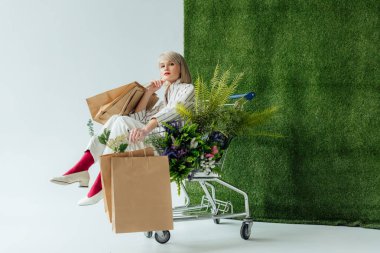 beautiful stylish girl sitting in cart with fern, flowers and shopping bags on white with green grass