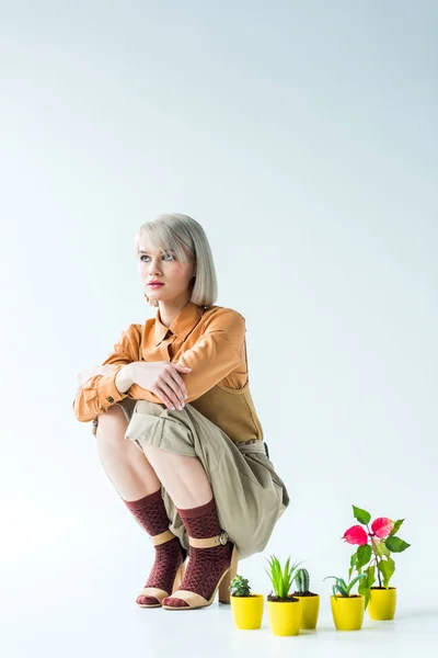 Bela Jovem Elegante Posando Perto Vasos Flores Isolados Branco Com — Fotografia de Stock