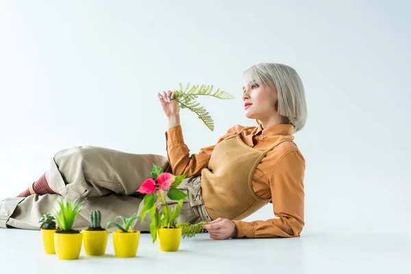 Bela Menina Elegante Segurando Folhas Samambaia Enquanto Posando Perto Vasos — Fotografia de Stock