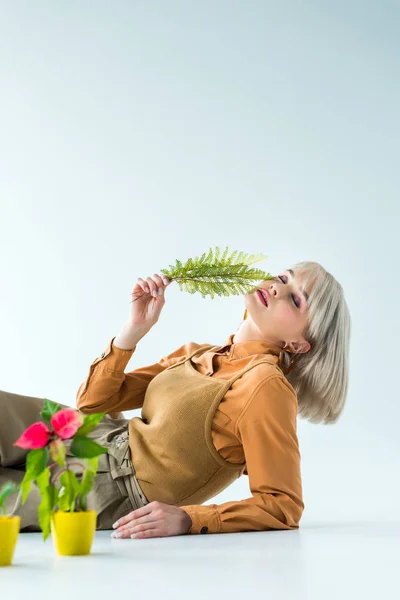 Beautiful Stylish Girl Holding Fern Leaves Posing Isolated White Copy — Stock Photo, Image