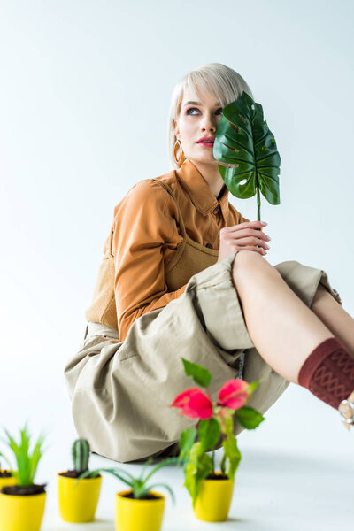beautiful stylish girl posing with green leaf while sitting near flower pots isolated on white
