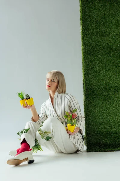 Beautiful Stylish Girl Looking Away While Holding Flower Pots Grey — Stock Photo, Image