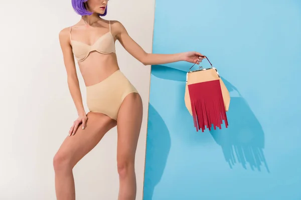 Cropped View Girl Holding Paper Purse While Posing Underwear Blue — Stock Photo, Image