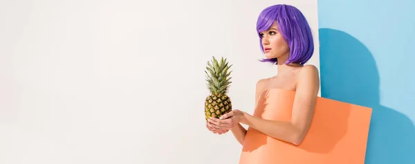 Beautiful Girl Purple Hair Covered Coral Paper Sheet Holding Pineapple — Stock Photo, Image