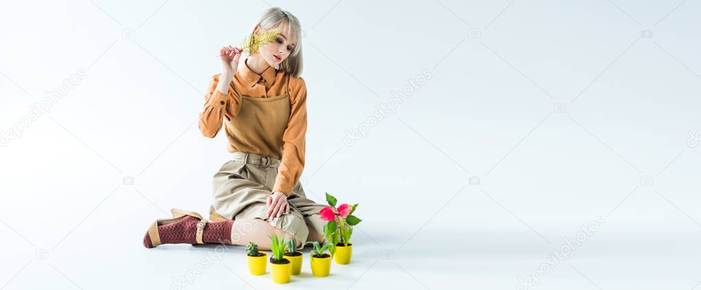 panoramic shot of beautiful stylish girl posing with flower pots and fern leaf on white 