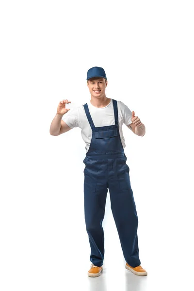 Mover Uniform Titta Kamera Hålla Tomt Visitkort Och Visar Tummen — Stockfoto