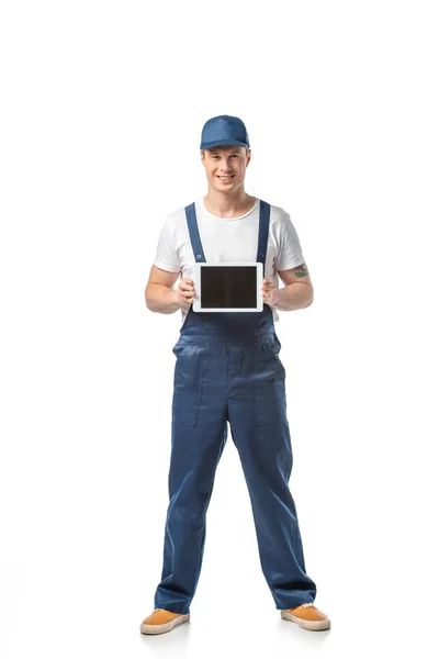 Smiling Mover Looking Camera Presenting Digital Tablet Blank Screen Isolated — Stock Photo, Image