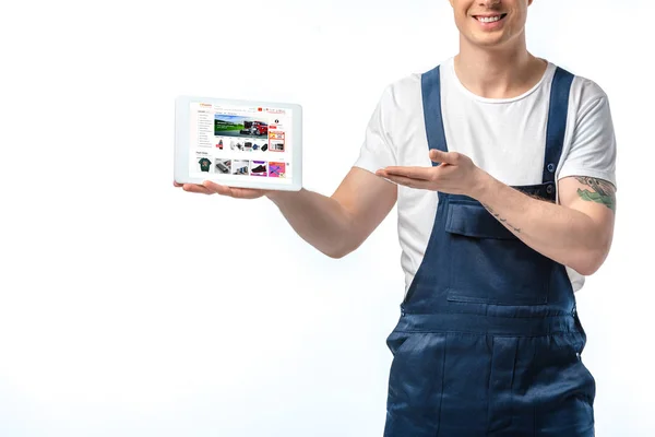 Cropped View Smiling Mover Gesturing Presenting Digital Tablet Aliexpress App — Stock Photo, Image