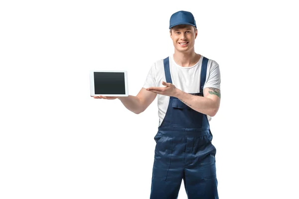 Mover Looking Camera Presenting Digital Tablet Blank Screen Isolated White — Stock Photo, Image