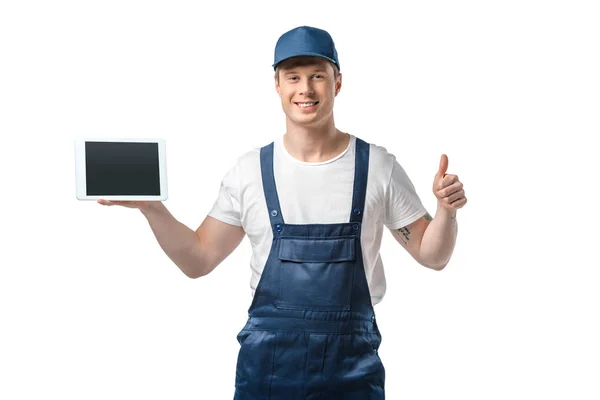 Smiling Mover Looking Camera Showing Thumb Presenting Digital Tablet Blank — Stock Photo, Image