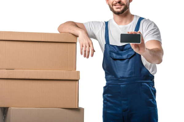 Vista Parcial Del Móvil Sonriente Con Cajas Cartón Que Presentan — Foto de Stock