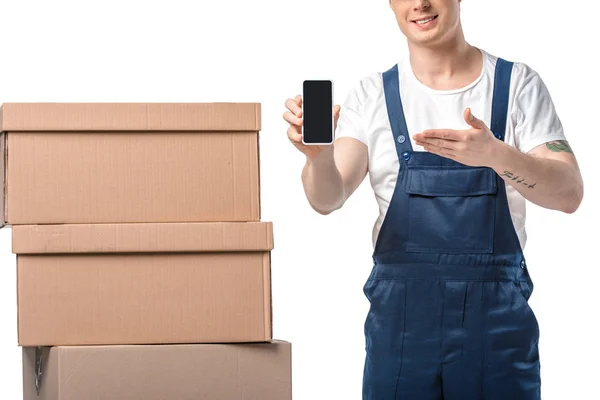 Cropped View Smiling Mover Cardboard Boxes Presenting Smartphone Blank Screen — Stock Photo, Image