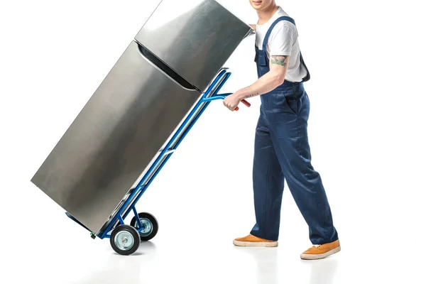 Cropped View Mover Uniform Transporting Refrigerator Hand Truck Isolated White — Stock Photo, Image