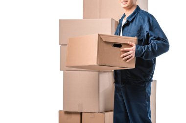 beyaz üzerinde izole üniforma taşıma karton kutu içinde Mover kırpılmış görünümü