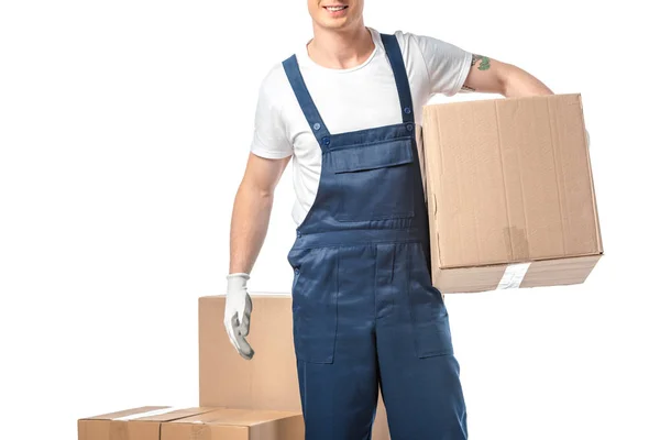 Partial View Mover Uniform Carrying Cardboard Box Isolated White Copy — Stock Photo, Image