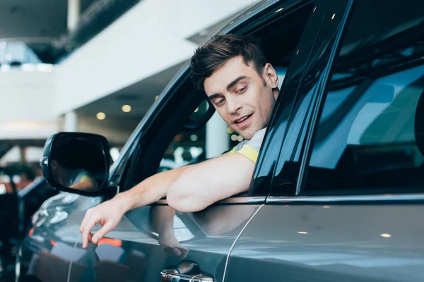 Successful Happy Man Smiling While Sitting Automobile — Stock Photo, Image