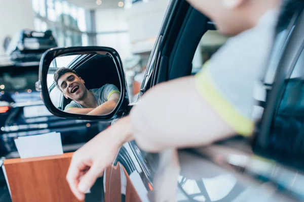 Selective Focus Successful Happy Man Smiling While Looking Mirror Automobile — Stock Photo, Image