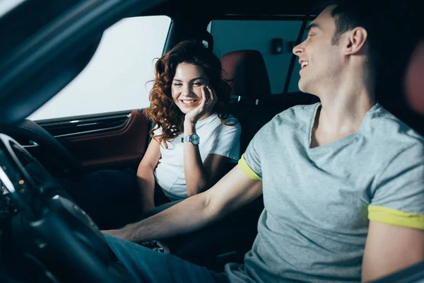 Cheerful Curly Woman Sitting Automobile Happy Handsome Man — Stock Photo, Image