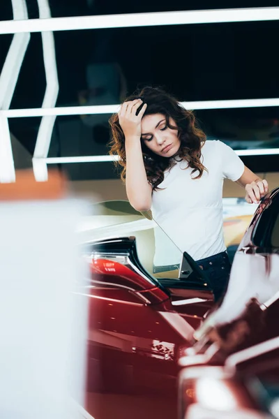 Selective Focus Tired Woman Standing New Car Car Showroom — Stock Photo, Image