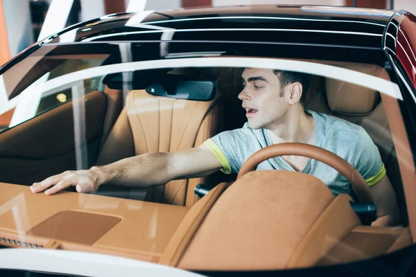 Selective Focus Handsome Man Sitting Steering Wheel New Car — Stock Photo, Image