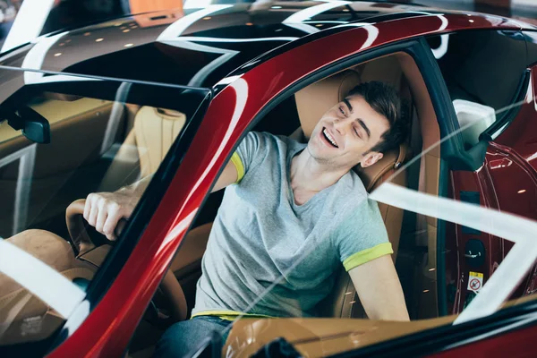 Selective Focus Handsome Cheerful Man Sitting New Car — Stock Photo, Image