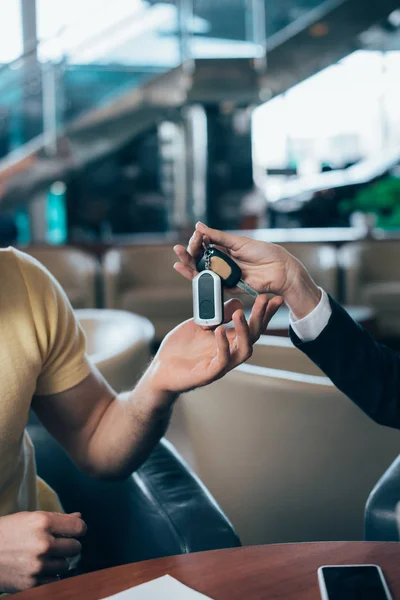 Selective Focus Car Dealer Giving Car Keys Customer — Stock Photo, Image