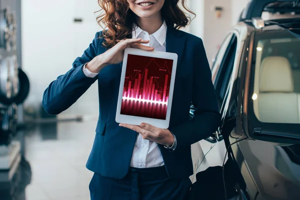 Abgeschnittene Ansicht Einer Geschäftsfrau Mit Digitalem Tablet Und Trading App — Stockfoto